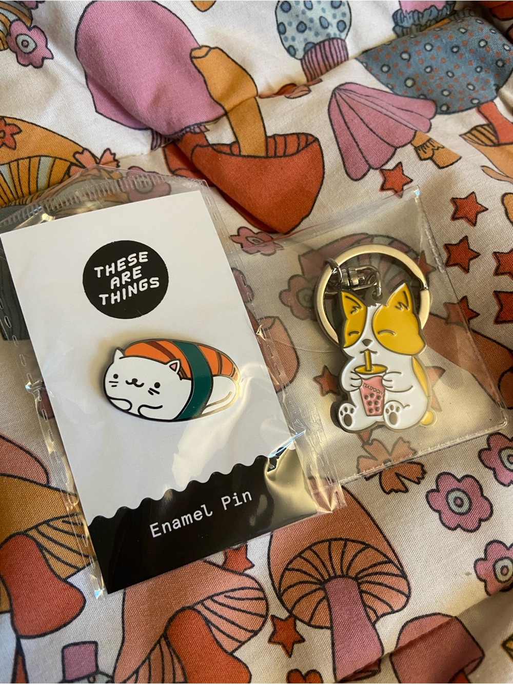 NWT Sushi Nigiri Cat Enamel Pin & Corgi Teaspoon Boba Keychain